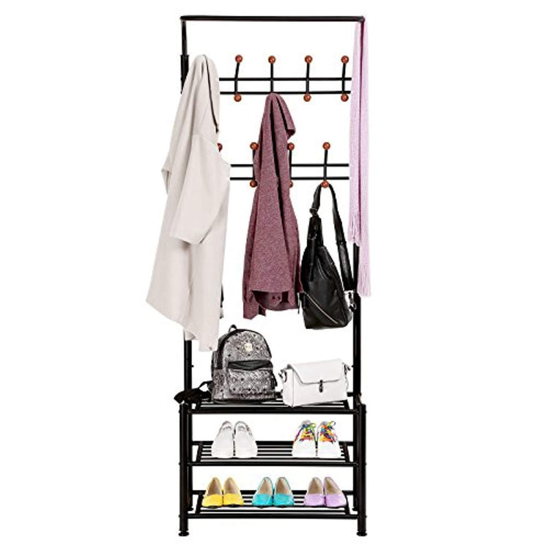 SONGMICS Heavy Duty 18 Hooks Coat Rack with 3-Tier Shoe Rack Shelves for Entryway Metal Black URCR67B