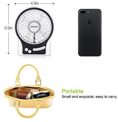 OPOLAR Mini Portable Battery Operated Travel Fan with 3-13 Battery Life, Rechargeable & USB powered Handheld Fan for Desk Beach Camping, 3 Speeds, Strong Airflow, Internal Blue Light& Side Flash Light