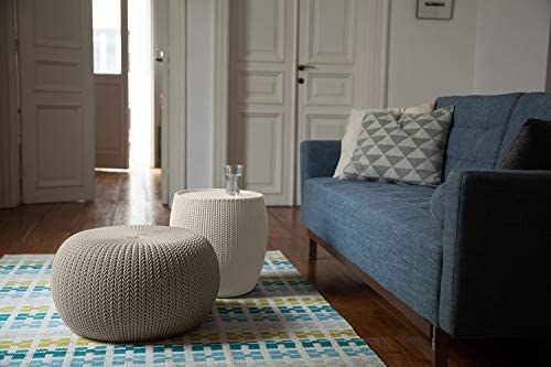 Keter Urban Knit Pouf Ottoman Set of 2 with Storage Table for Patio and Room Décor - Perfect for Balcony, Deck, and Outdoor Seating, Dune/Misty Blue