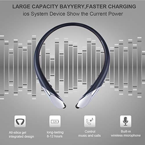 Bluetooth Retractable Headphones, Wireless Earbuds Neckband Headset Noise Cancelling Stereo Earphones with Mic (15 Hours Play Time, Black)