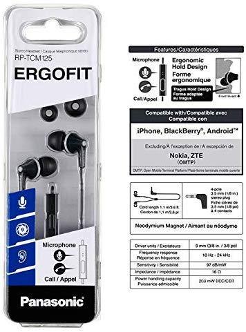 Panasonic ErgoFit In-Ear Earbud Headphones RP-HJE120-K (Black) Dynamic Crystal Clear Sound, Ergonomic Comfort-Fit