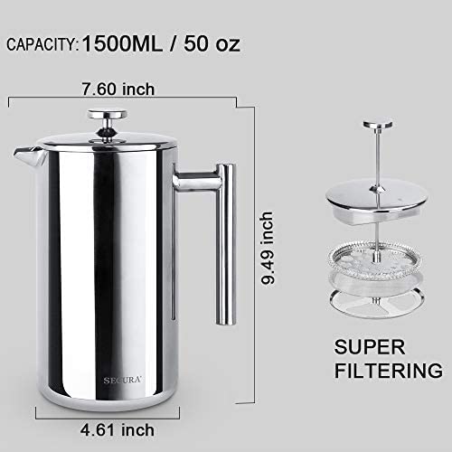 Secura French Press Coffee Maker, 304 Grade Stainless Steel Insulated Coffee Press with 2 Extra Screens, 34oz (1 Litre), Silver