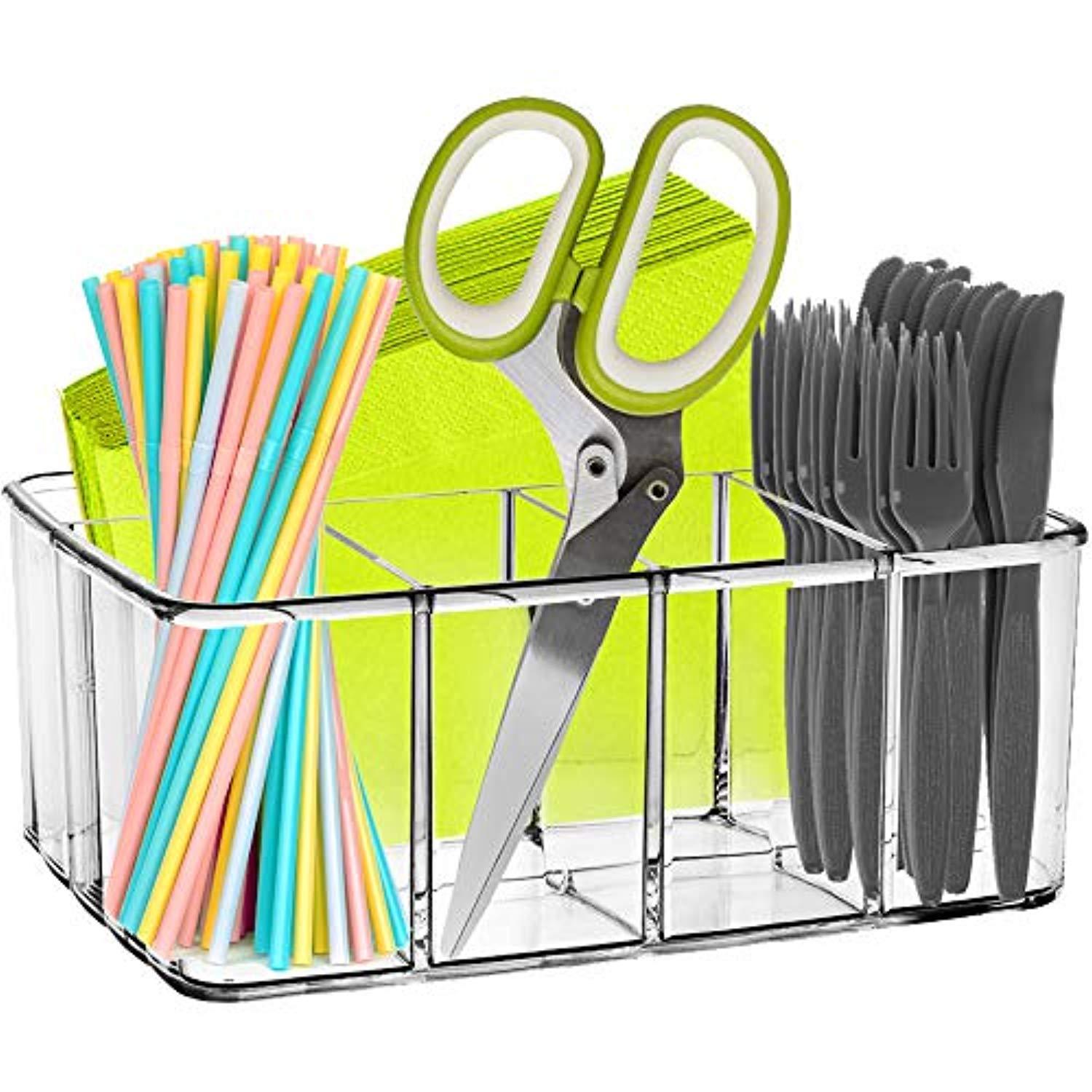 Clear Supplies Utensil Caddy Organizer - 5 compartment acrylic plastic storage container! Perfect holder for any Kitchen office or play room can fit markers pens pencils makeup and other accessories!