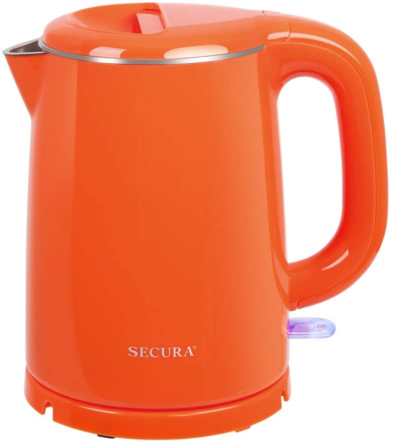 Secura Stainless Steel Double Wall Electric Kettle Water Heater for Tea Coffee w/Auto Shut-Off and Boil-Dry Protection, 1.0L (Black)