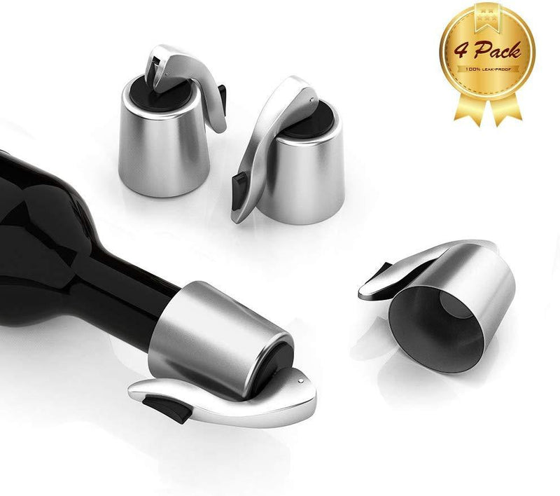 OHMAXHO Wine Stoppers, 4 Pack Stainless Steel Wine Saver, Reusable Wine Bottle Preserver with Silicone Plug, Keeps Your Wine Fresh Simply and Effectively