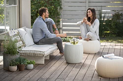 Keter Urban Knit Pouf Ottoman Set of 2 with Storage Table for Patio and Room Décor - Perfect for Balcony, Deck, and Outdoor Seating, Dune/Misty Blue