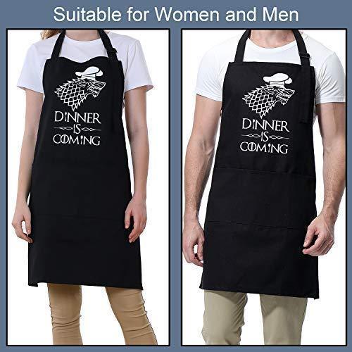 Dinner is Coming - Funny GoT House Stark Inspired Birthday Merchandise Gifts for Men, Women, Dad, Mom - Miracu Adjustable Kitchen Aprons Chef Bib for Cooking Baking Grilling BBQ - 3 Pockets, Black by Miracu