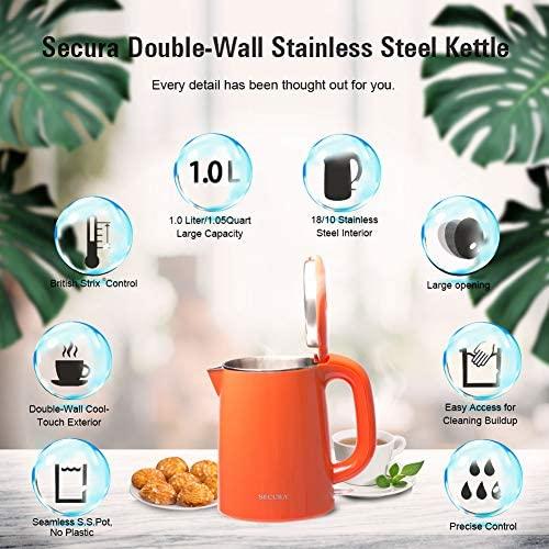 Secura Stainless Steel Double Wall Electric Kettle Water Heater for Tea Coffee w/Auto Shut-Off and Boil-Dry Protection, 1.0L (Black)