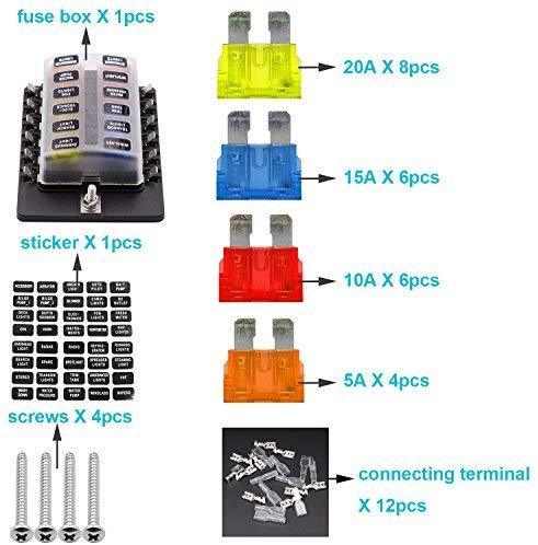 BlueFire 12 Way 30A 32V Blade Fuse Box Board with 24PCS Fuse + LED Warning Light for Car/Marine Boats/Automotive/Trike