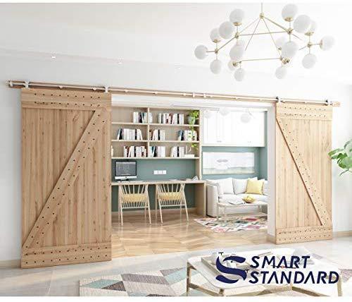 SMARTSTANDARD 8FT Top Mount Heavy Duty Sliding Barn Door Hardware Kit, Single Rail, Stainless Steel, Smoothly and Quietly, Simple and Easy to Install, Fit 42"-48" Wide DoorPanel (T Shape Hanger)