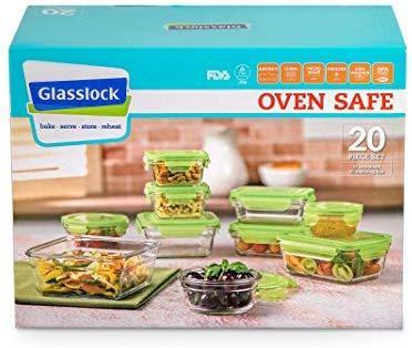 Glasslock Storage Containers 20pc set Green Lids Microwave & Oven Safe Airtight Anti Spill Proof