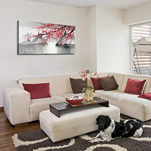 Traditional Chinese Painting Hand Painted Plum Blossom Canvas Wall Art Modern Black and White Landscape Oil Painting for Living Room Bedroom Office Decoration (48x24 inch)