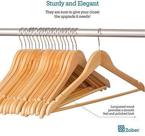 Zober Solid Wood Suit Hangers - 20 Pack - with Non Slip Bar and Precisely Cut Notches - 360 Degree Swivel Chrome Hook - Natural Finish Super Sturdy and Durable Wooden Hangers