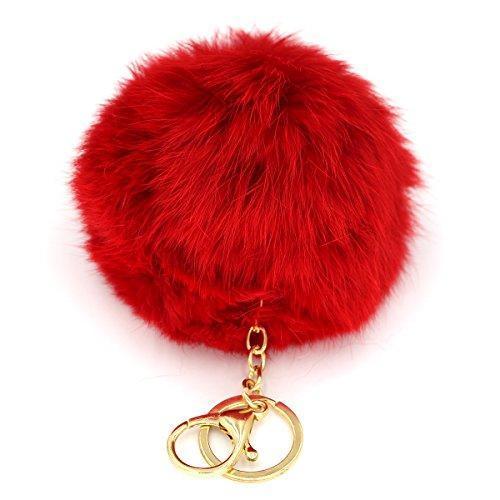 Miraclekoo Rabbit Fur Ball Pom Pom KeyChain Gold Plated Keychain with Plush for Car Key Ring or Handbag Bag Decoration (Orange Pink)