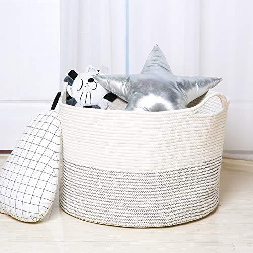 Goodpick Large Basket 23.6"D x 14.2"H | Jumbo Woven Basket | Cotton Rope Basket | Baby Laundry Basket Hamper with Handles for Comforter, Cushions, Quilt, Toy Bins, Brown Stitch