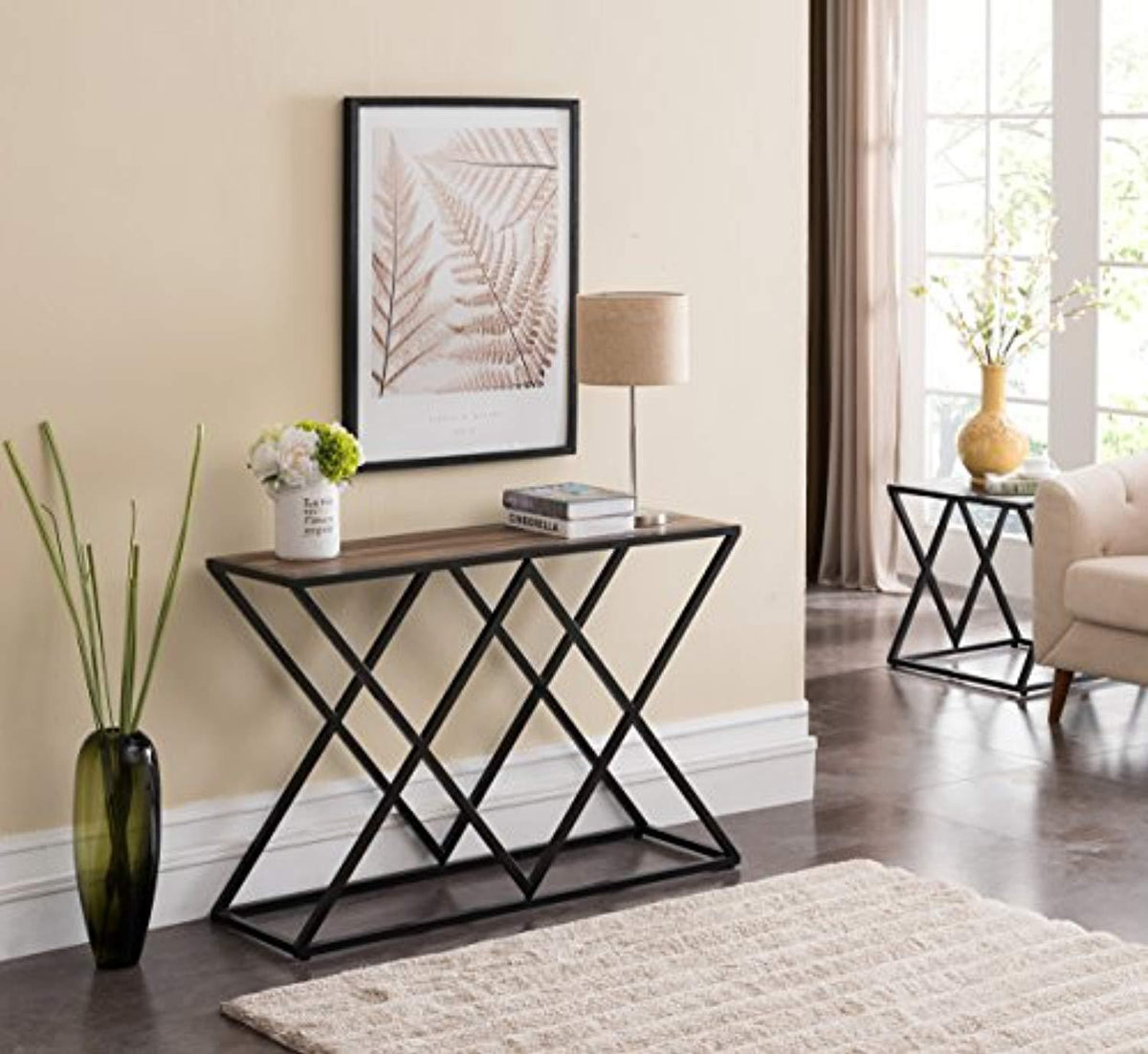 Reclaimed Oak / Black Frame Double X Sides Sofa Console Table