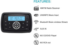 Load image into Gallery viewer, Marine Stereo Audio Radio FM AM Bluetooth Music with USB Input for ATV UTV RZR XP900 Motorcycle Boat Golf Cart Truck SPA Heavyduty Powersports Car MP3 Player Vehicles Headunit Sound System
