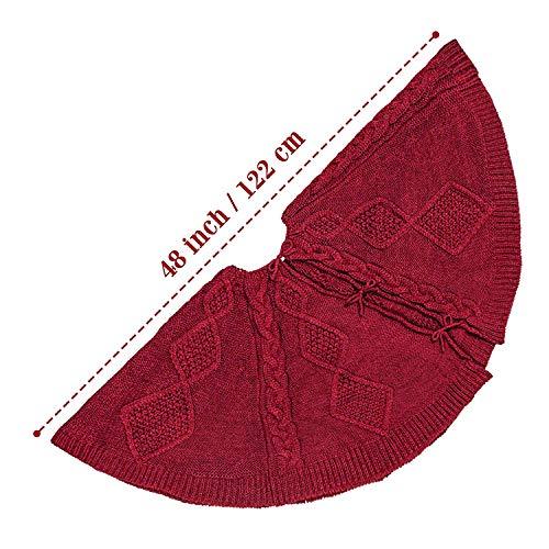 LimBridge Christmas Tree Skirt, 48 inches Buffalo Plaid Knitted Thick Heavy Yarn Rustic Xmas Holiday Decoration, Cream Burgundy