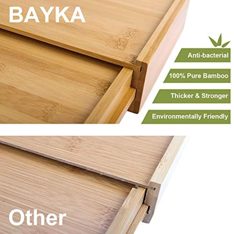 Kitchen Drawer Organizer, BAYKA Expandable Silverware Tray, 100% Pure Bamboo Drawer Dividers, Cutlery & Utensils & Flatware & Stationery Organizer with 4 Cushioning Pasters Fit Snugly into Any Drawer