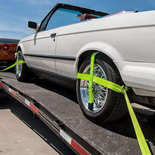 Load image into Gallery viewer, VULCAN High-Viz Adjustable Loop Auto Tie Downs with Snap Hook - 3300 lbs. Safe Working Load, 4 Pack - Easily Trailer Any Car, Truck, SUV, Jeep, Or Sportscar
