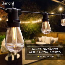 Load image into Gallery viewer, Banord 102FT Dimmable LED Outdoor String Lights, 34 Hanging Sockets with 35 x Shatterproof LED Bulb Party Lights, Waterproof Vintage Ambiance Patio Lights String for Wedding,Gatherings
