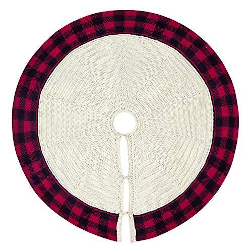 LimBridge Christmas Tree Skirt, 48 inches Buffalo Plaid Knitted Thick Heavy Yarn Rustic Xmas Holiday Decoration, Cream Burgundy