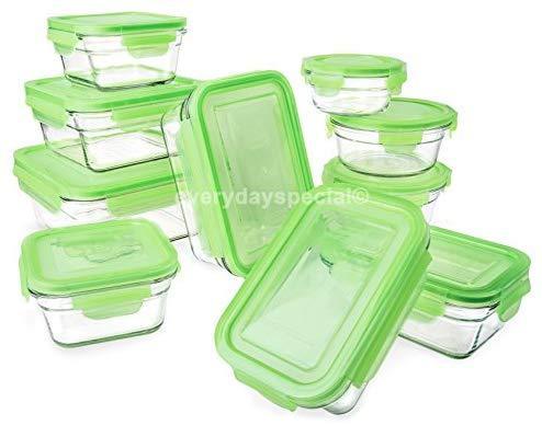 Glasslock Storage Containers 20pc set Green Lids Microwave & Oven Safe Airtight Anti Spill Proof