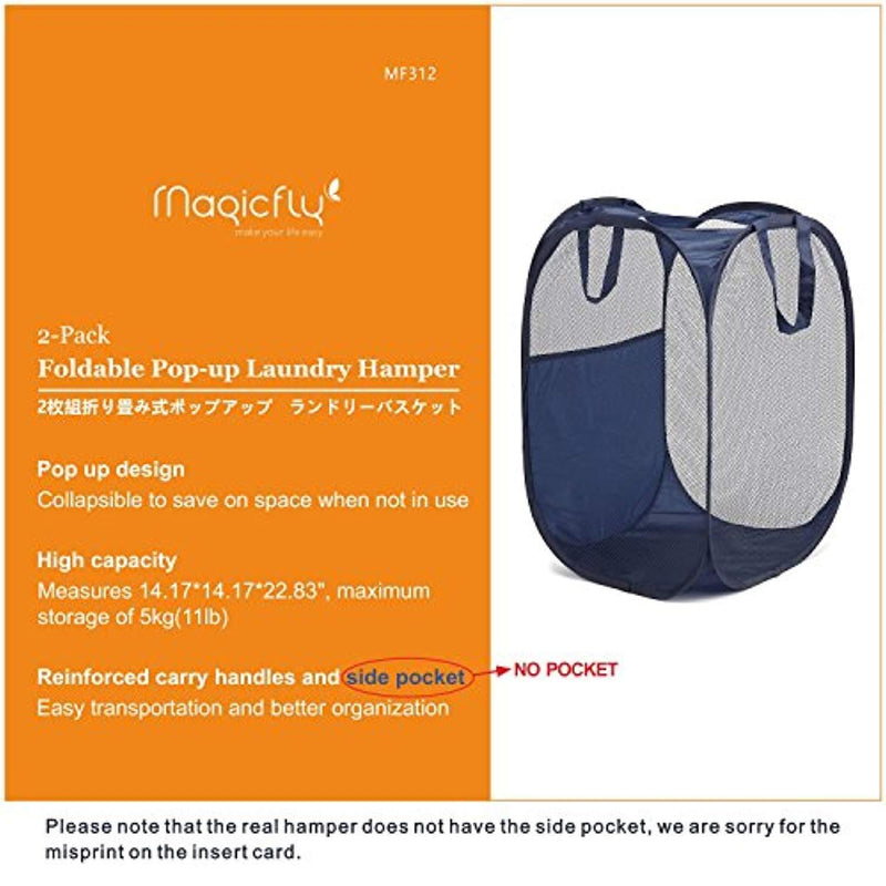 Magicfly Pop-Up Hamper, Foldable Pop-Up Mesh Hamper with Reinforced Carry Handles, Laundry Mesh Basket Blue, Pack of 2