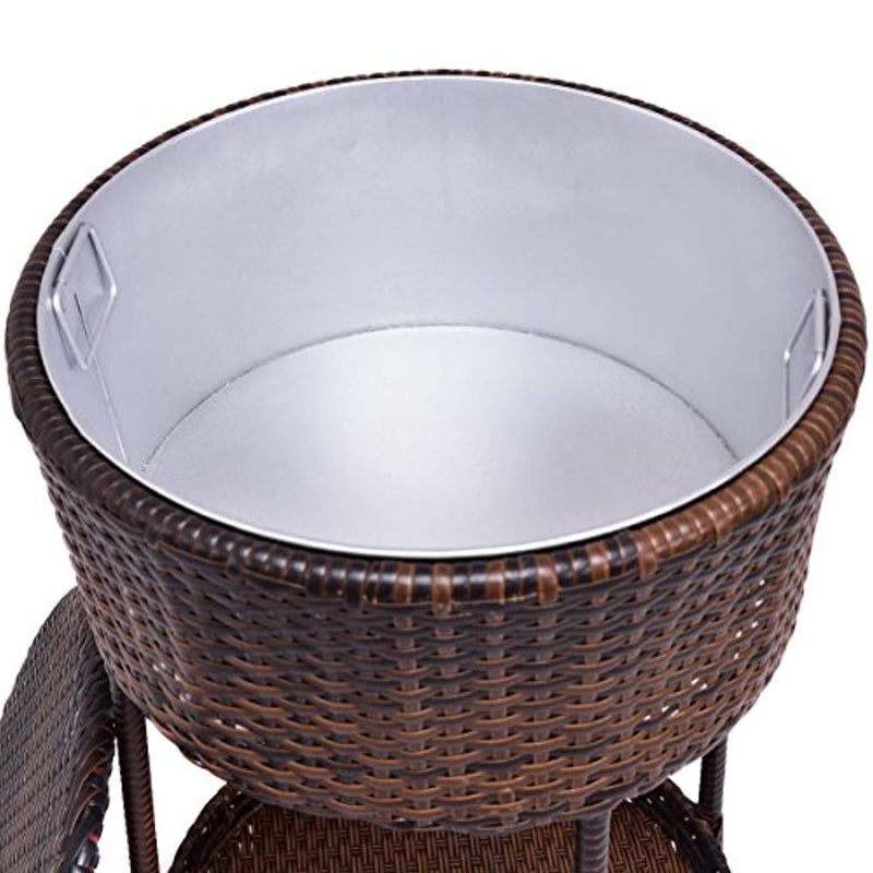 Giantex Outdoor Cooler Ice Bucket Patio Wicker Storage Poolside Deck Beverage Cooler Table with Lid Brown