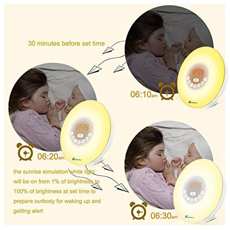 Sunrise Alarm Clock, Vansky 2018 Edition Wake Up Light Digital Clcok Multi-Colorful Night Light Bedside Lamp with Snooze Function, 6 Nature Sounds, FM Radio, Brightness Adjustable, Touch Control