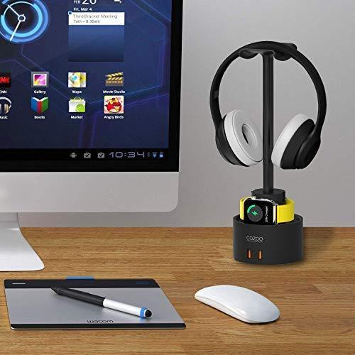 Headphone Stand with USB Charger COZOO Desktop Gaming Headset Holder Hanger with 3 USB Charger and 2 Outlets - Suitable for Gaming, DJ, Wireless Earphone Display (Black)