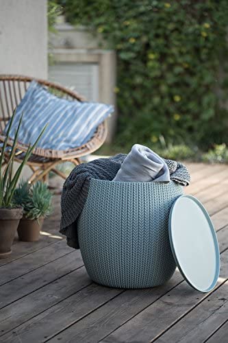 Keter Urban Knit Pouf Ottoman Set of 2 with Storage Table for Patio and Room Décor - Perfect for Balcony, Deck, and Outdoor Seating, Dune/Misty Blue