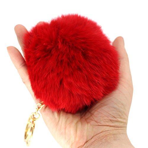 Miraclekoo Rabbit Fur Ball Pom Pom KeyChain Gold Plated Keychain with Plush for Car Key Ring or Handbag Bag Decoration (Orange Pink)