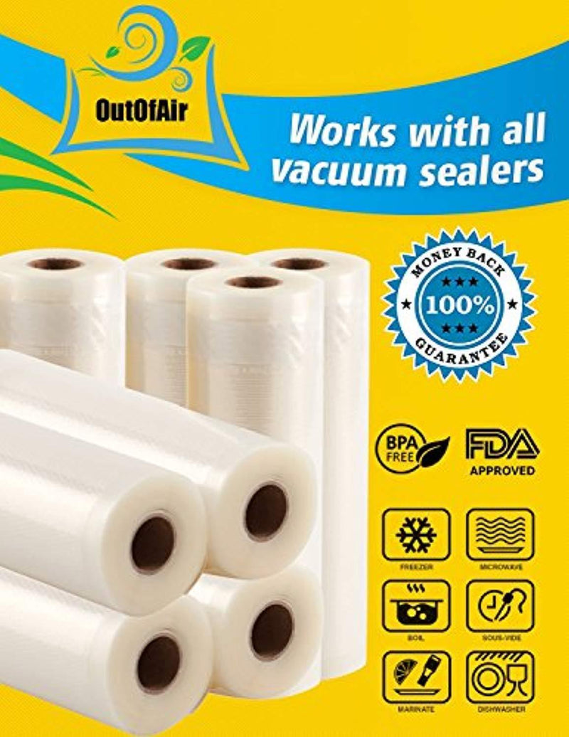 11" x 25' Rolls (Fits Inside Machine) BULK 8 Pack (200 feet total) OutOfAir Vacuum Sealer Rolls for Foodsaver and others 33% Thicker, BPA Free, FDA Approved, Sous Vide, Commercial Grade Bags