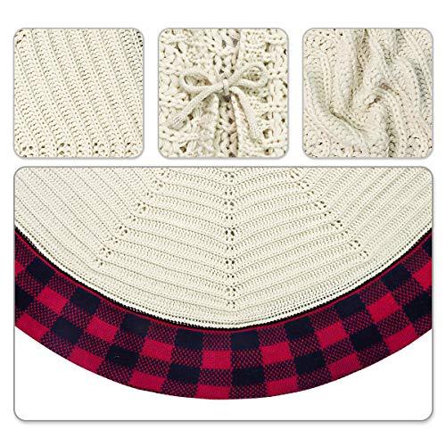 LimBridge Christmas Tree Skirt, 48 inches Buffalo Plaid Knitted Thick Heavy Yarn Rustic Xmas Holiday Decoration, Cream Burgundy