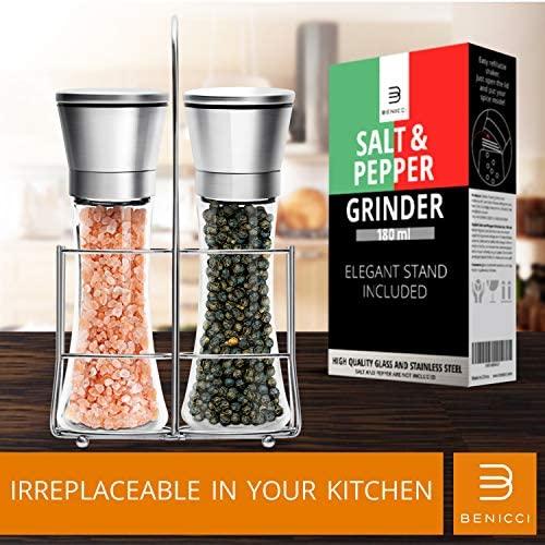 Benicci Salt & Pepper Grinder Set – 2 Tall 6 Oz Glass - 180 ml Spice and Sea Salt Shakers With BONUS Stand - Adjustable Coarseness Mills