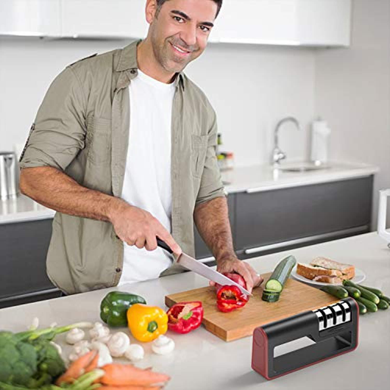 Kitchen Knife Sharpener, 3-Stage Knife Sharpening Tool Helps Repair, Restore and Polish Blades - Reveal a Razor-sharp Blade, (Cut-Resistant Glove Included)
