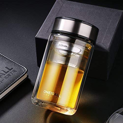 ONEISALL Double Wall Glass Travel Tea Mug with Stainless Steel Filter, Ultra Clear Spill-proof Strong Glass Tea Tumbler, 320ML (Champagne)