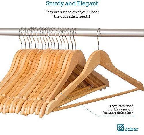 Zober Solid Wood Suit Hangers - 20 Pack - with Non Slip Bar and Precisely Cut Notches - 360 Degree Swivel Chrome Hook - Natural Finish Super Sturdy and Durable Wooden Hangers