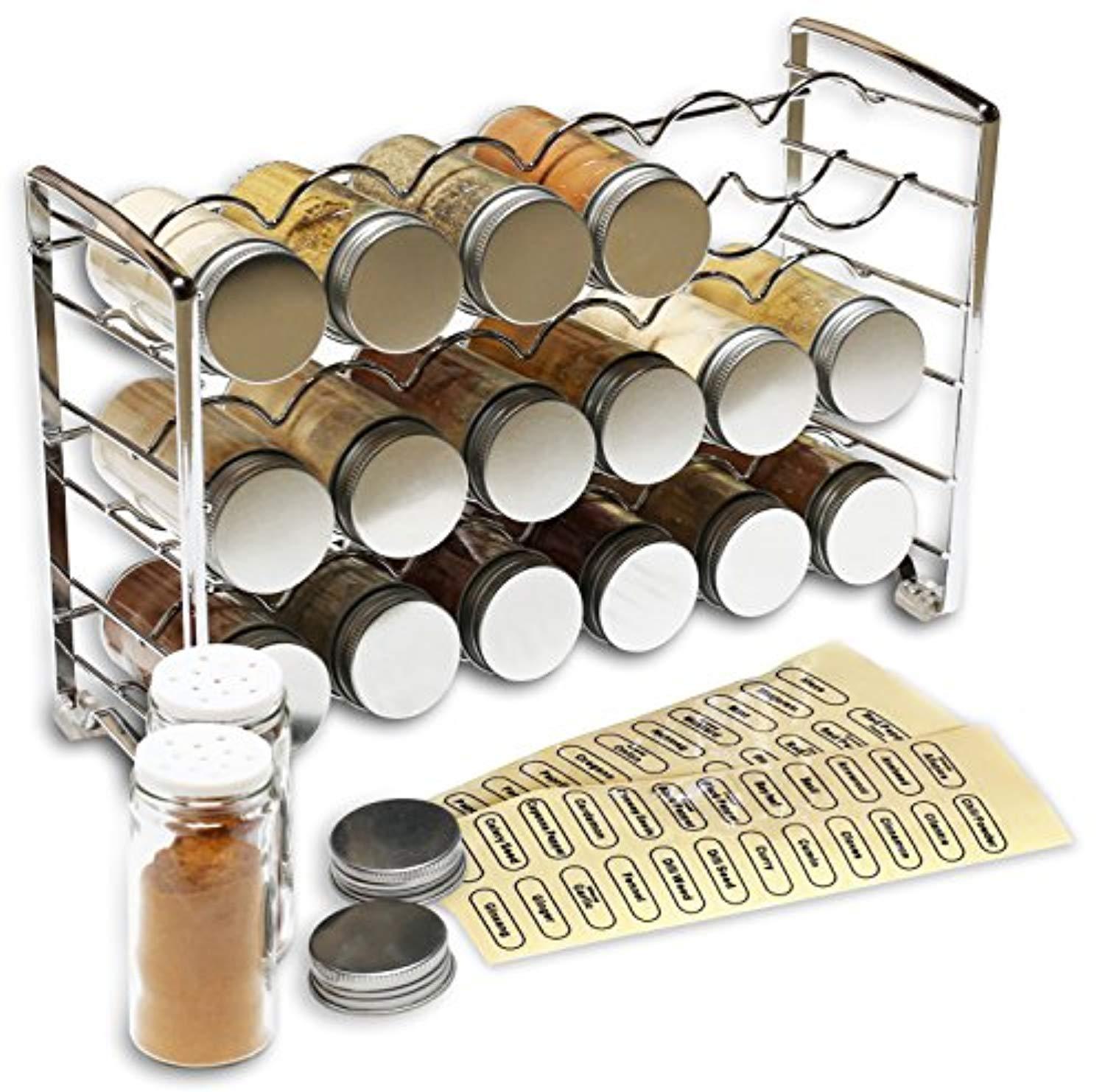 DecoBros Spice Rack Stand holder with 18 bottles and 48 Labels, Chrome ...