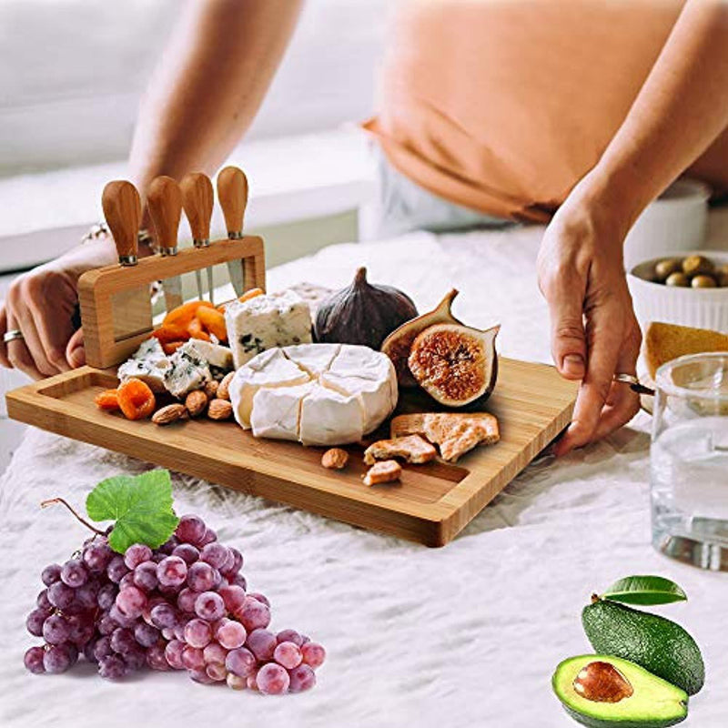 Bamboo Cheese Board Set, Charcuterie Platter and Serving Meat Board Including 4 Stainless Steel Knife and Serving Utensils, Unique Gifts for Christmas Wedding Birthday Anniversary(14''x11'')