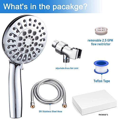 VOLUEX Handheld Shower Head with Hose - High Pressure 6 Setting Spray 4.3" Face Hand Held Adjustable Bracket Detachable Removable Water Saving Rainfall Showerheads