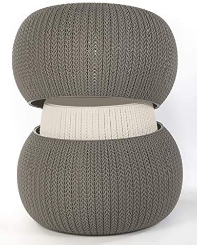 Keter Urban Knit Pouf Ottoman Set of 2 with Storage Table for Patio and Room Décor - Perfect for Balcony, Deck, and Outdoor Seating, Dune/Misty Blue