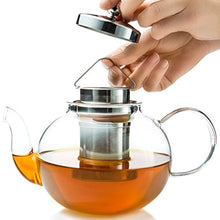 Load image into Gallery viewer, Stovetop Safe Tea Kettle, Holds 4-6 Cups, Glass Teapot with Infuser Set, Extra 4 Double Wall 80ml Cups, Removable Stainless Steel Strainer, Microwave, Dishwasher Safe, Blooming &amp; Loose Leaf Tea Pot

