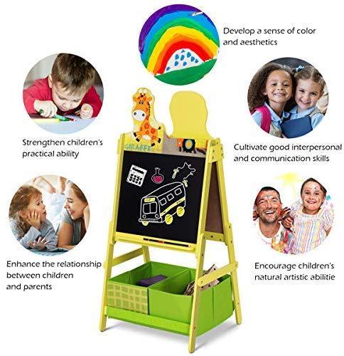 Evergreen Art Supply Kids Art Easel, 3 in 1 Double Durable Sided Art Easel with Chalk Board & Paper Roll, Two Storey Storage Space with Two Storage Bins