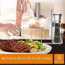 Load image into Gallery viewer, Benicci Salt &amp; Pepper Grinder Set – 2 Tall 6 Oz Glass - 180 ml Spice and Sea Salt Shakers With BONUS Stand - Adjustable Coarseness Mills
