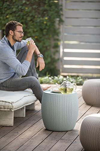 Keter Urban Knit Pouf Ottoman Set of 2 with Storage Table for Patio and Room Décor - Perfect for Balcony, Deck, and Outdoor Seating, Dune/Misty Blue