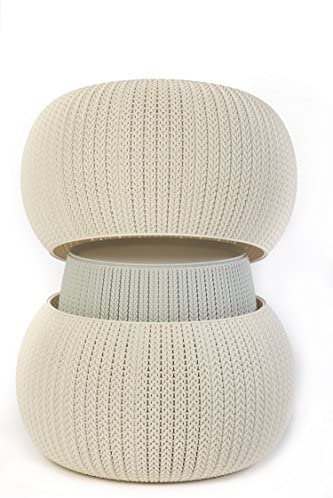 Keter Urban Knit Pouf Ottoman Set of 2 with Storage Table for Patio and Room Décor - Perfect for Balcony, Deck, and Outdoor Seating, Dune/Misty Blue