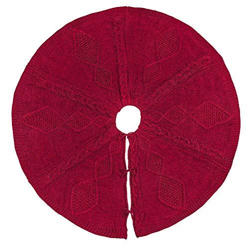 LimBridge Christmas Tree Skirt, 48 inches Buffalo Plaid Knitted Thick Heavy Yarn Rustic Xmas Holiday Decoration, Cream Burgundy