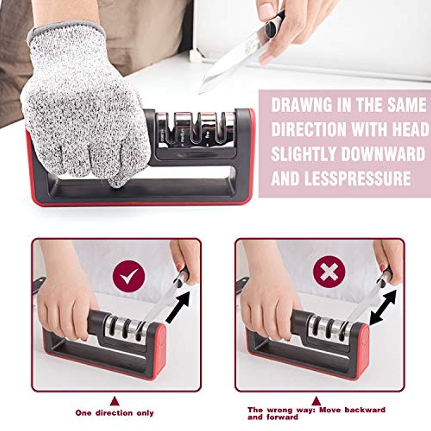 Kitchen Knife Sharpener, 3-Stage Knife Sharpening Tool Helps Repair, Restore and Polish Blades - Reveal a Razor-sharp Blade, (Cut-Resistant Glove Included)